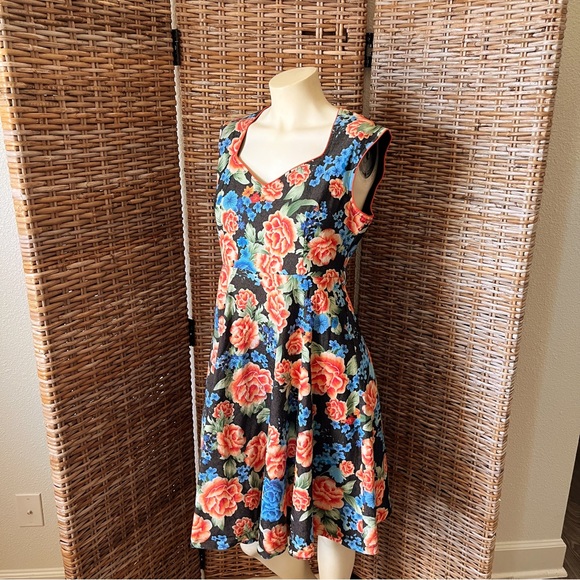 Lindy Bop Blue and Orange Floral Retro Silhouette Style Pin Up Fit & Flare Dress - Picture 6 of 10
